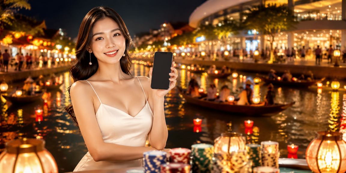 Người chơi đăng ký nhận thưởng tại chợ đêm Hội An với điện thoại di động