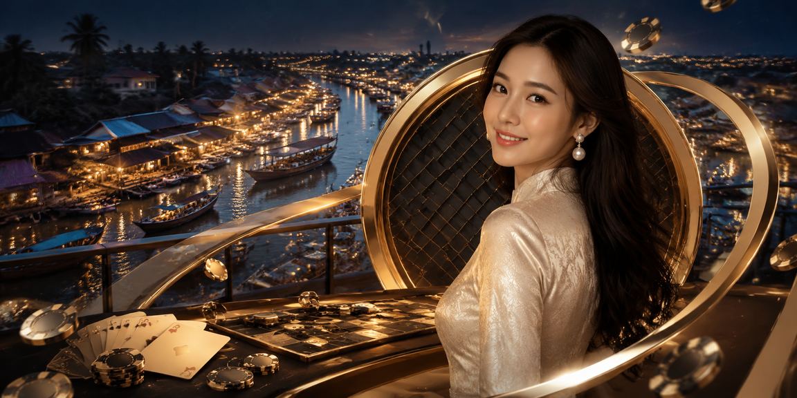 Người phụ nữ mặc áo dài chơi bài tại vùng sông Mekong với không khí truyền thống
